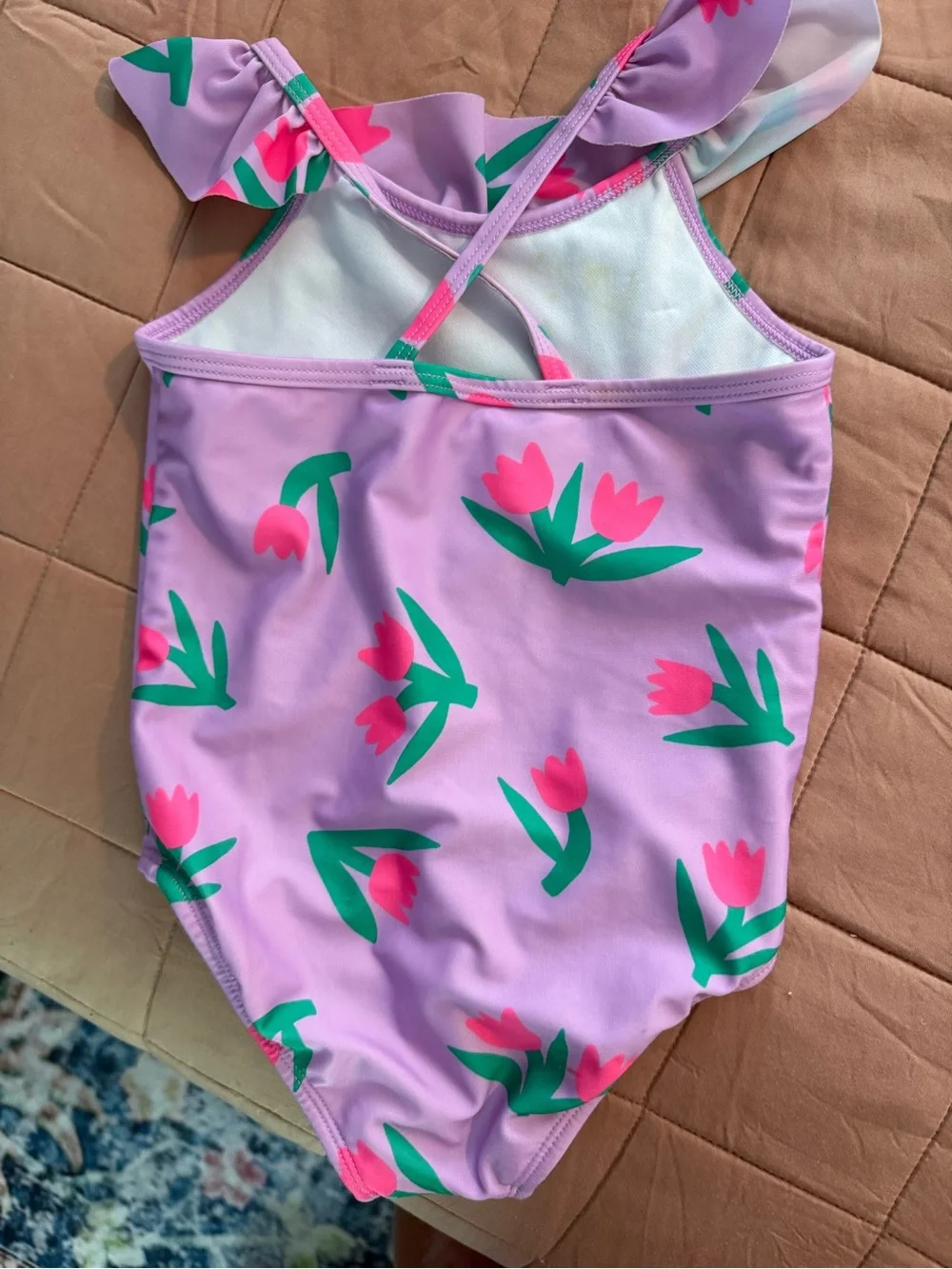 Cat & Jack Lavender One-Piece Swimsuit with Pink & Green Tulips